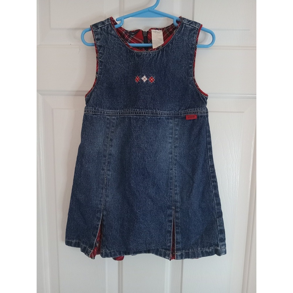 Izod Toddler Girls Jean Jumper Dress Size 4T Sleeveless Denim Jumper Plaid Blue